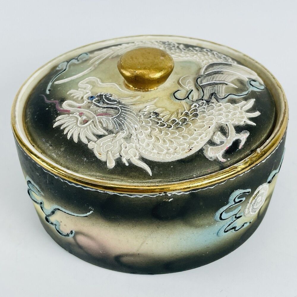 Dragon Ware Round Jewelry Trinket Box 4.25” Moriage Porcelain Hand Painted Japan